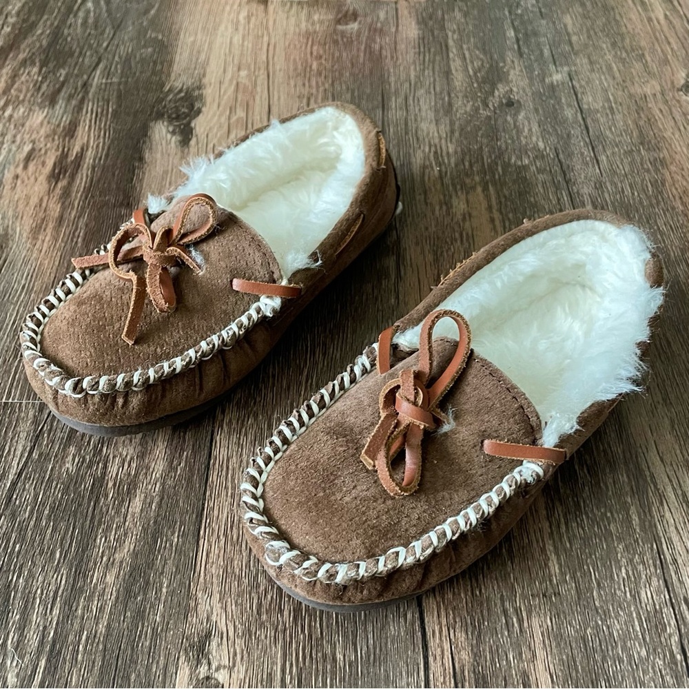 Lam Brown Suede Slippers Size 12 Toddler Faux Fur Lining Moccasins House Shoes